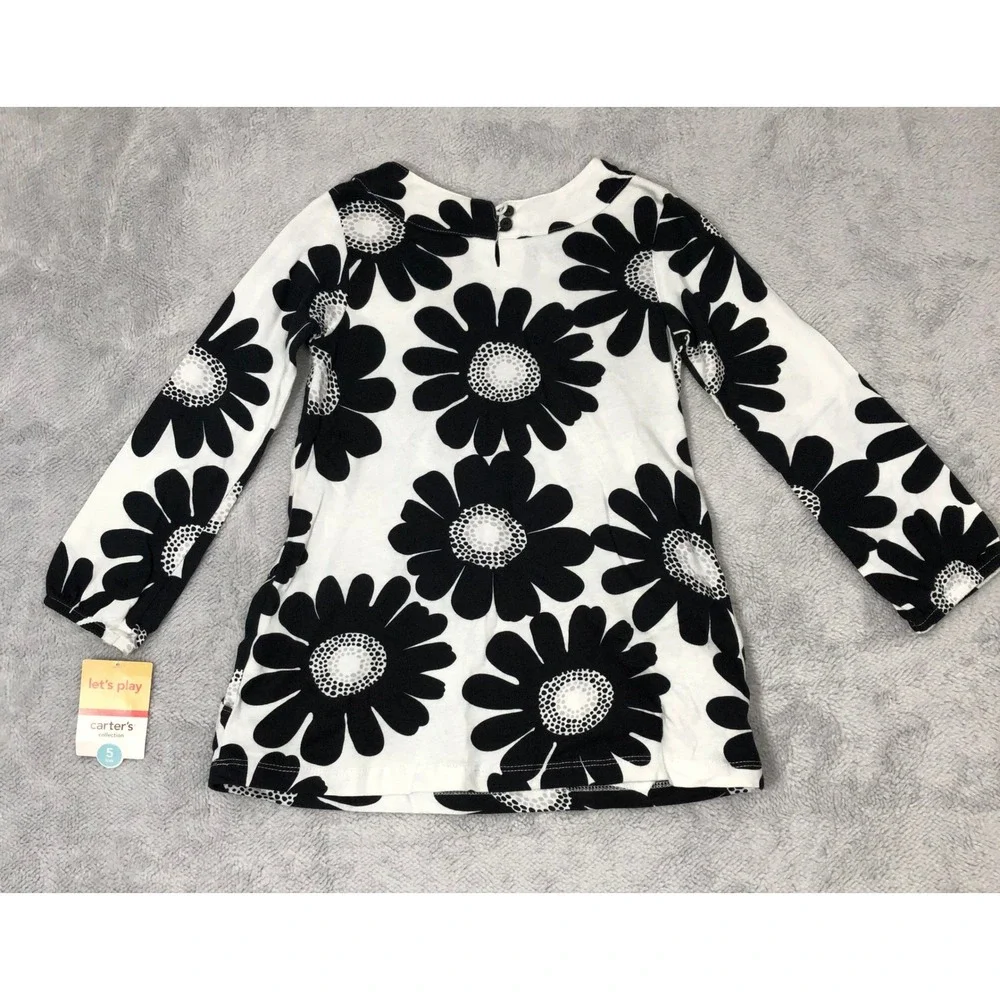 Carter's Top Girls Size 5 White Black Floral Daisy Red Pockets Long Sleeve Tunic